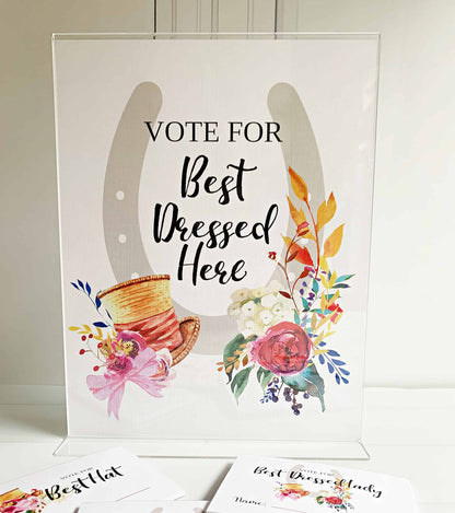 Create a fun and interactive experience at your Kentucky Derby party with EnFete's Derby "Vote for Best Here " Printed Sign.
