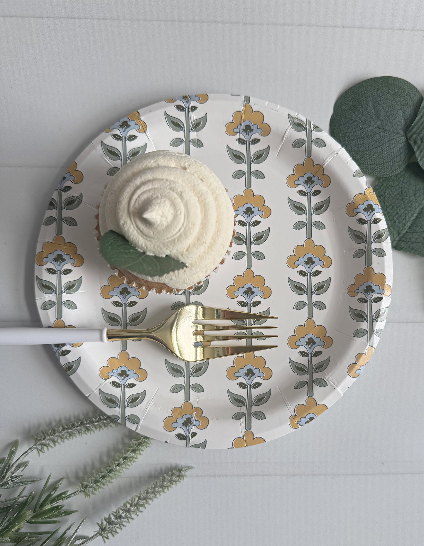 Amber and Blue Block Print Cake Plates | 7" Scalloped | Set of 8 | Boho Party