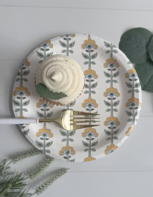 Amber and Blue Block Print Cake Plates | 7" Scalloped | Set of 8 | Boho Party