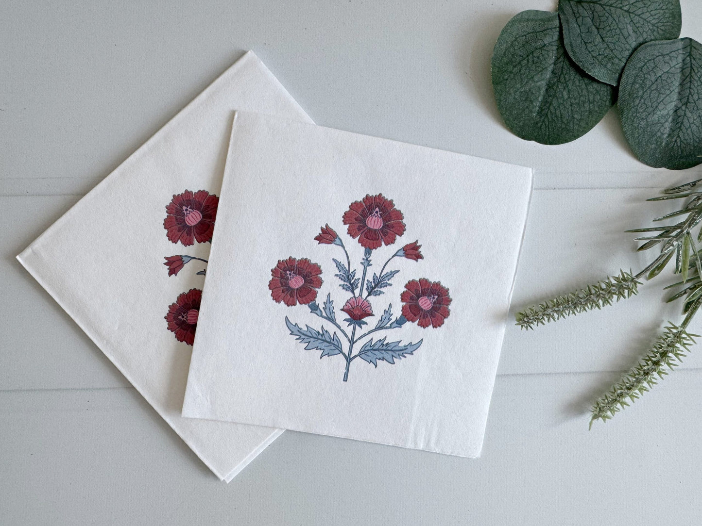 Pink and Blue Floral Block Print Cocktail Napkins - Premium Party Napkins