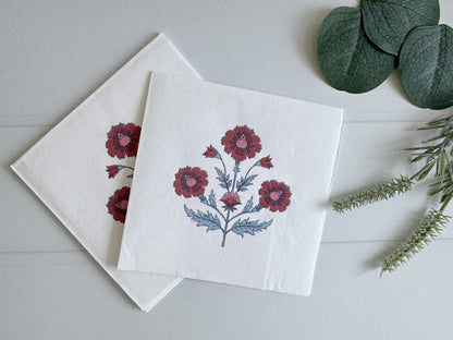 Pink and Blue Floral Block Print Cocktail Napkins - Premium Party Napkins