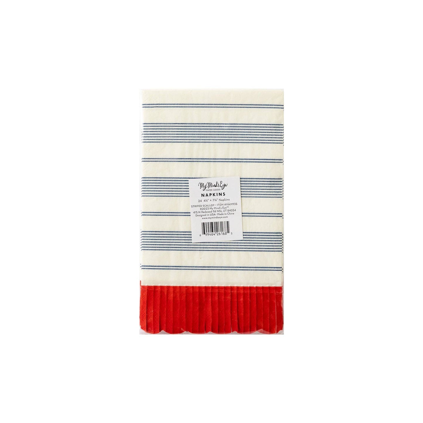 Blue Striped Scallop Dinner Napkin with Red Fringe