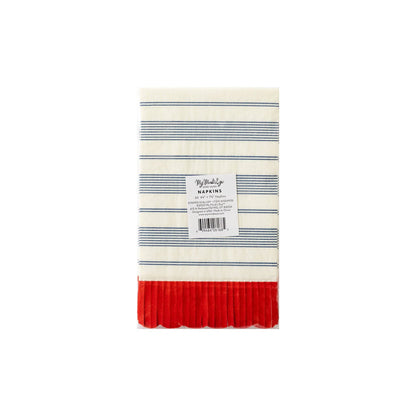 Blue Striped Scallop Dinner Napkin with Red Fringe