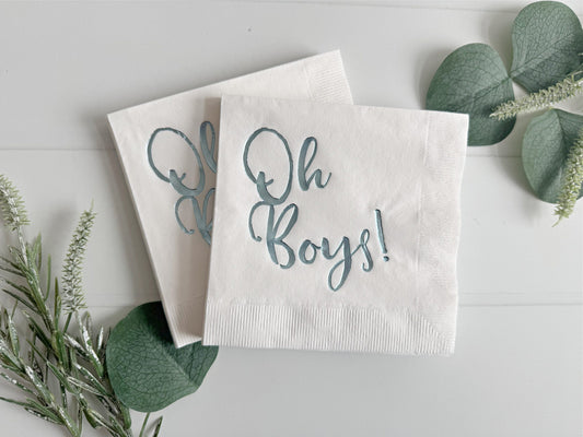 'Oh Boys' in ice blue foil on white paper napkins are the perfect touch for balancing all the tasty treats that will be served at the baby shower! Perfect for a baby shower for twins or multiple boys!