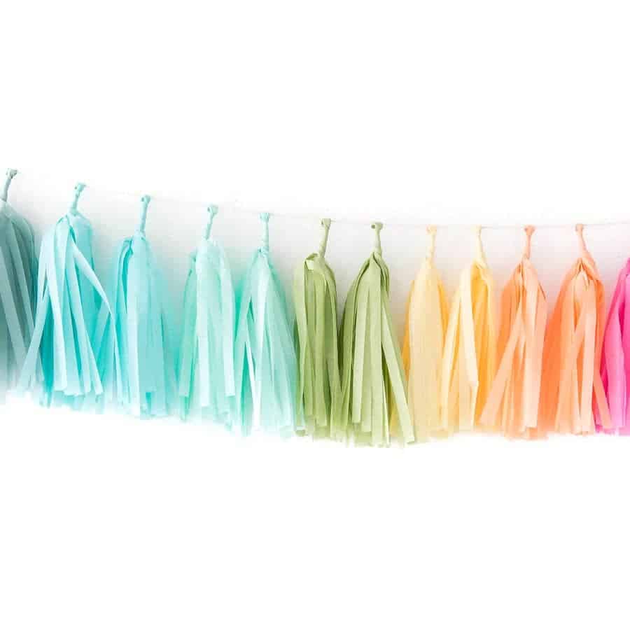 Full assembled muted rainbow tassel garland or balloon tail
