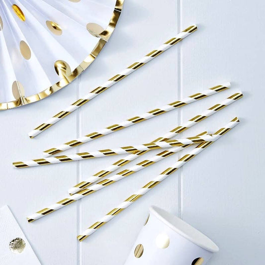 Set 12 Gold & White Straws