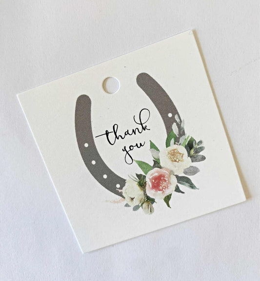 Kentucky Derby Favor tags with a horse shoe with blush and ivory roses