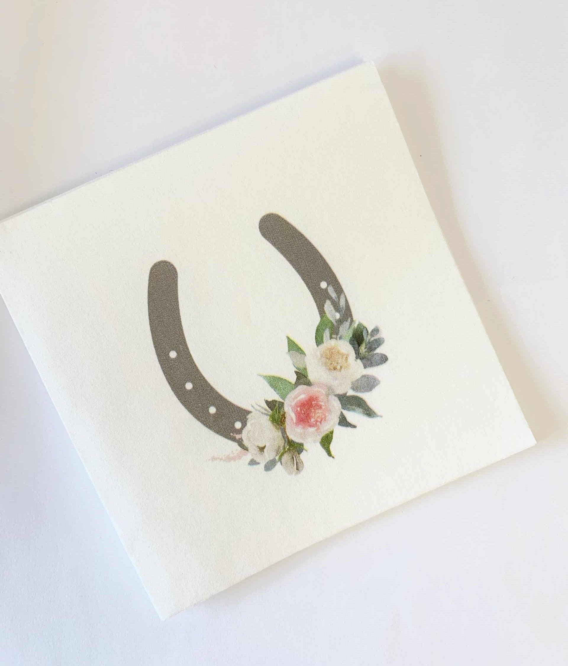 Kentucky Derby Horseshoe Cocktail Napkins with Ivory and Blush watercolor roses
