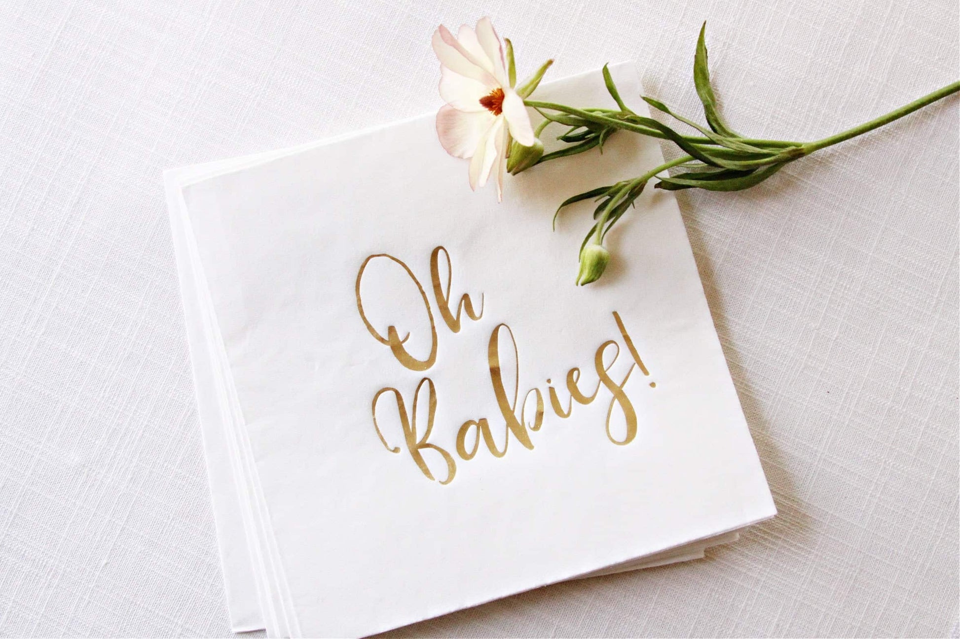 Oh Babies Napkins for a Baby Shower for Twin - luncheon sized white napkins with Gold Foil lettering
