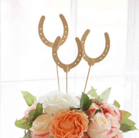 Gold horse shoe derby bridal shower centerpiece picks