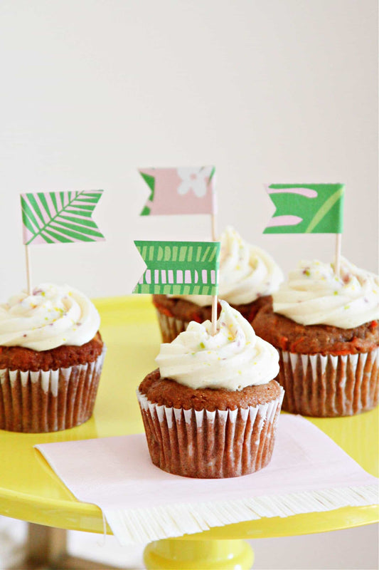Monstera Bright Safari Young Wild and Three birthday party cupcake toppesr in pink and green