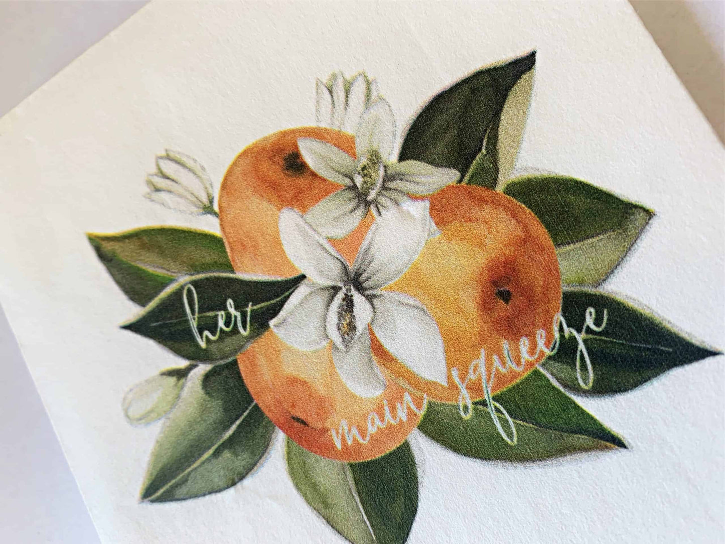 She Found Her main squeeze bridal shower napkins with clementine oranges on these white luncheon napkins