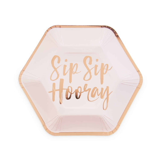 Sip Sip Hooray Appetizer Plates in Blush with Rose gold foil details. Perfect for a modern bridal shower or mimosa bar