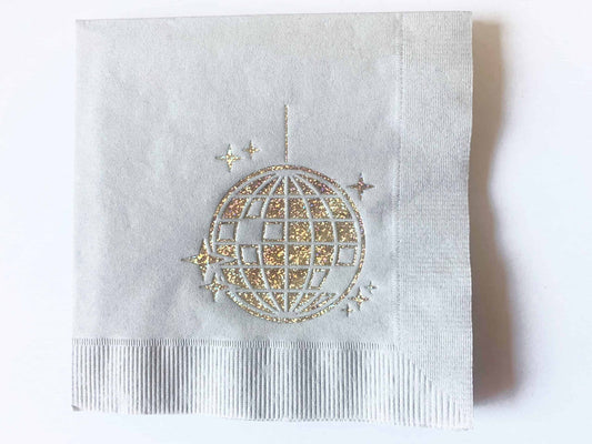 Disco Ball Cocktail Napkins with elegant iridescent foil on a silver cocktail napkins