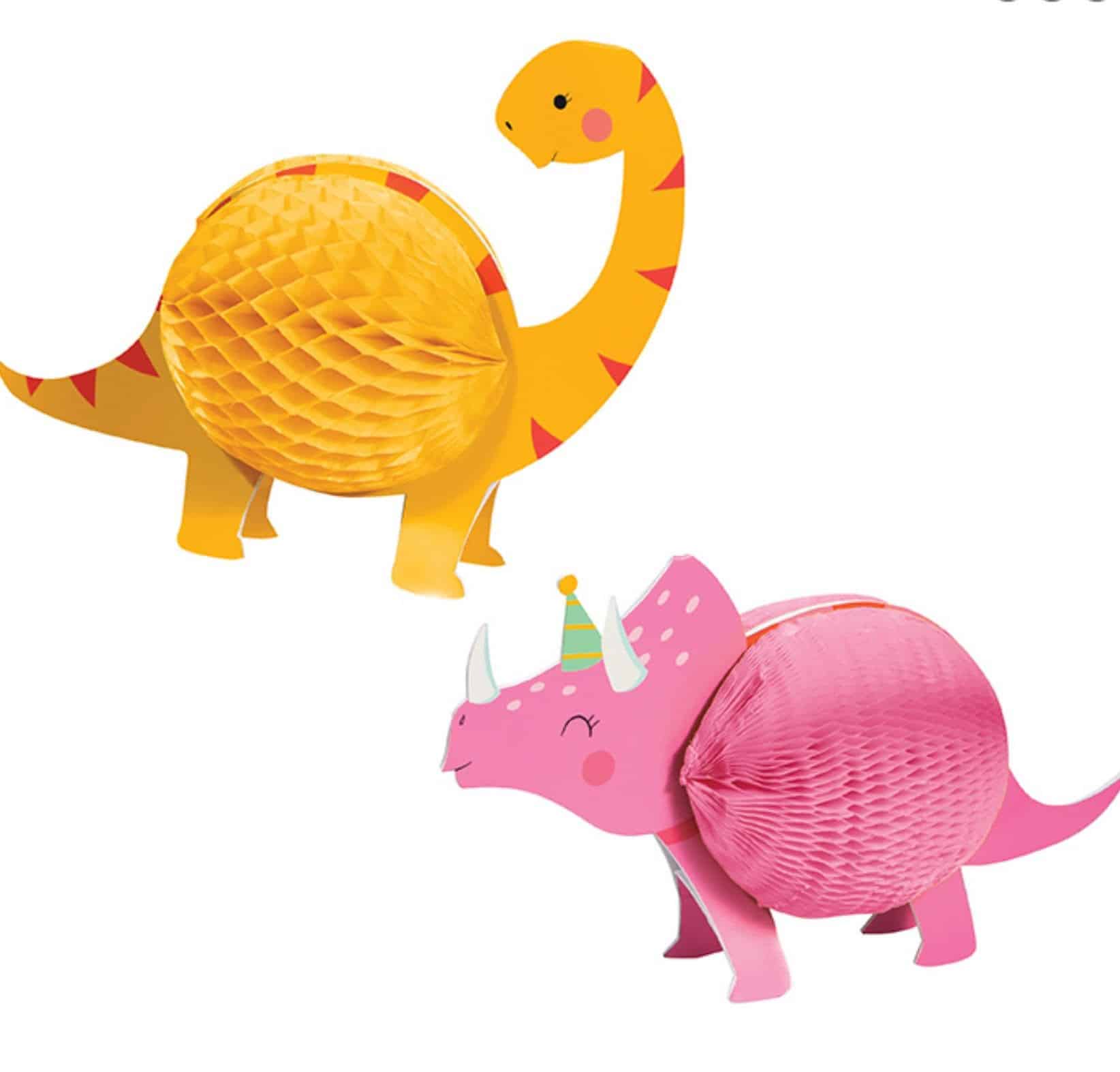 Introduce a new dimension to your girl's dinosaur themed party with these fun and lively pink and yellow dinosaur centerpieces. This set of two will be a focal point for your guests, adding a unique touch to your party decor.