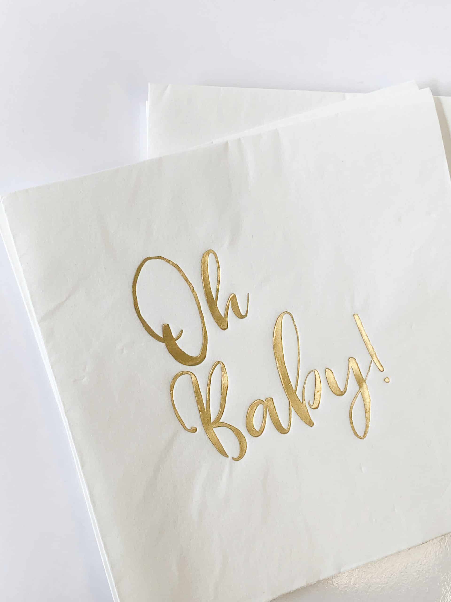 Oh Baby Shower Luncheon Napkins - Perfect for an Oh Baby or Safari Baby shower Unique modern gold script font on 3 ply white napkins.