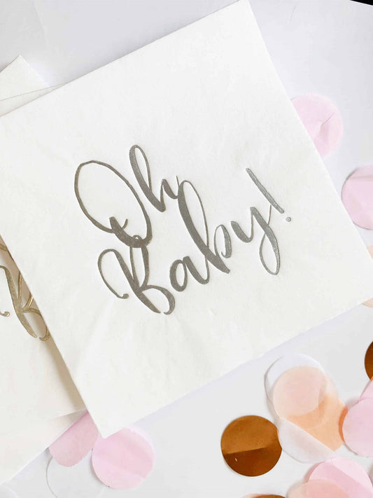 Oh Baby Cocktail Napkin - Silver on White Set of 16