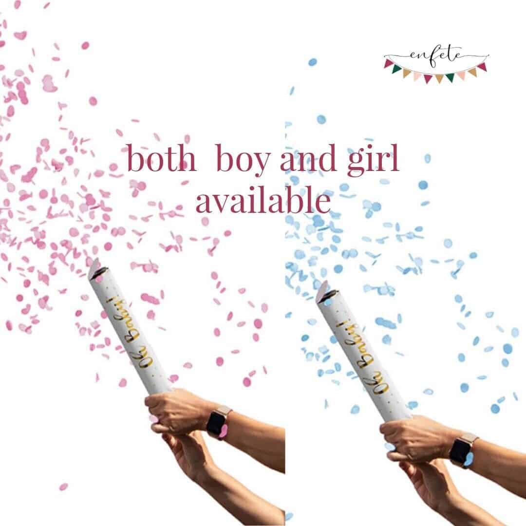 Gender reveal cannons perfect for your gender reveal. You can't see thru the popper, and the labels are identical. We've marked each with a 1 or 2 just to tell them apart. White label with gold "Oh Baby!" printed on the outside.