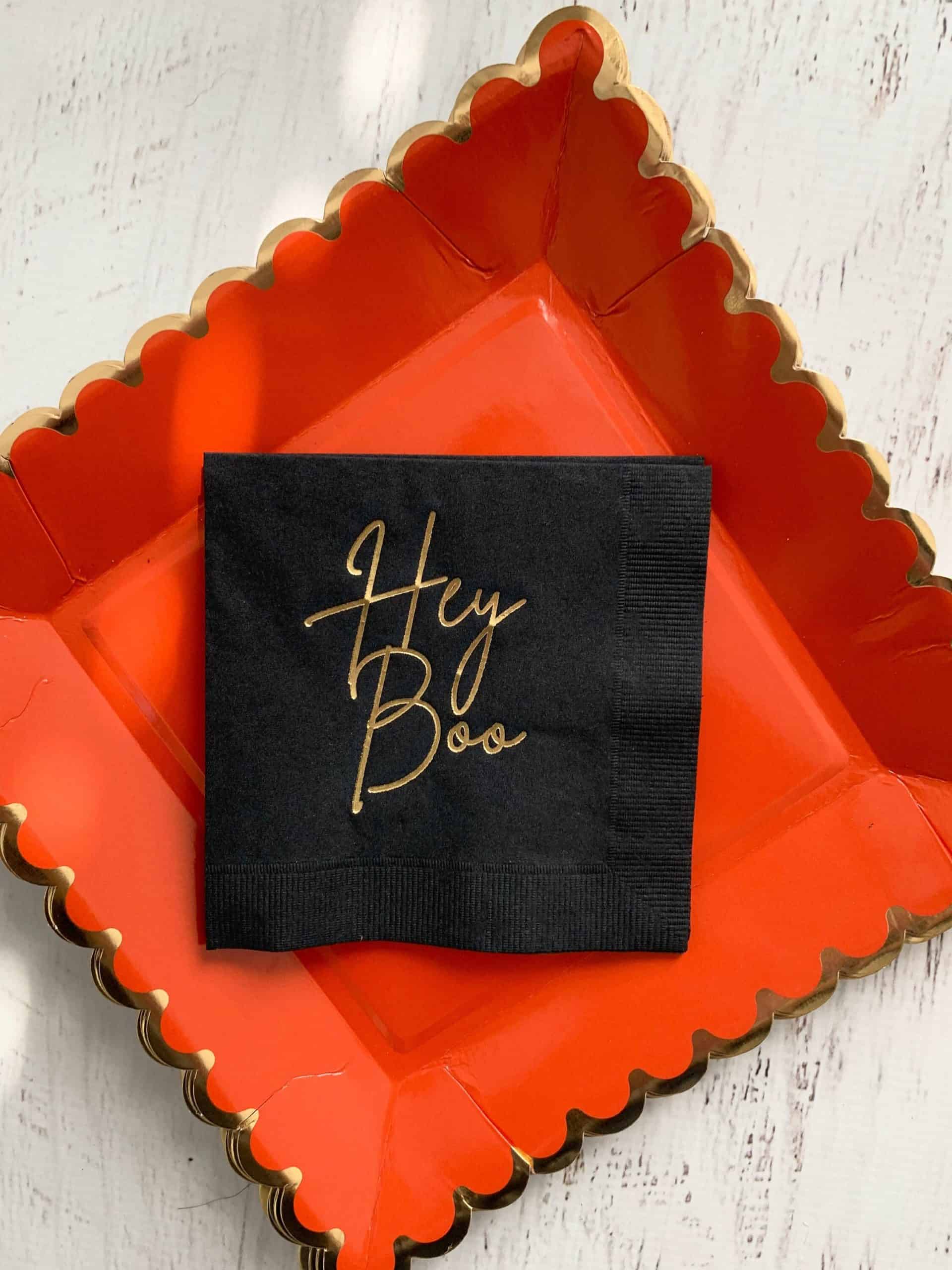 Hey Boo Halloween Cockatil napkins - sophisticated gold script on black