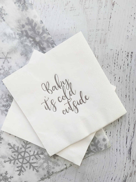 Baby It's Cold Outside Napkins with Silver Foil Baby Shower Napkins Luncheon Size EnFete Original Design Copyrighted 2021