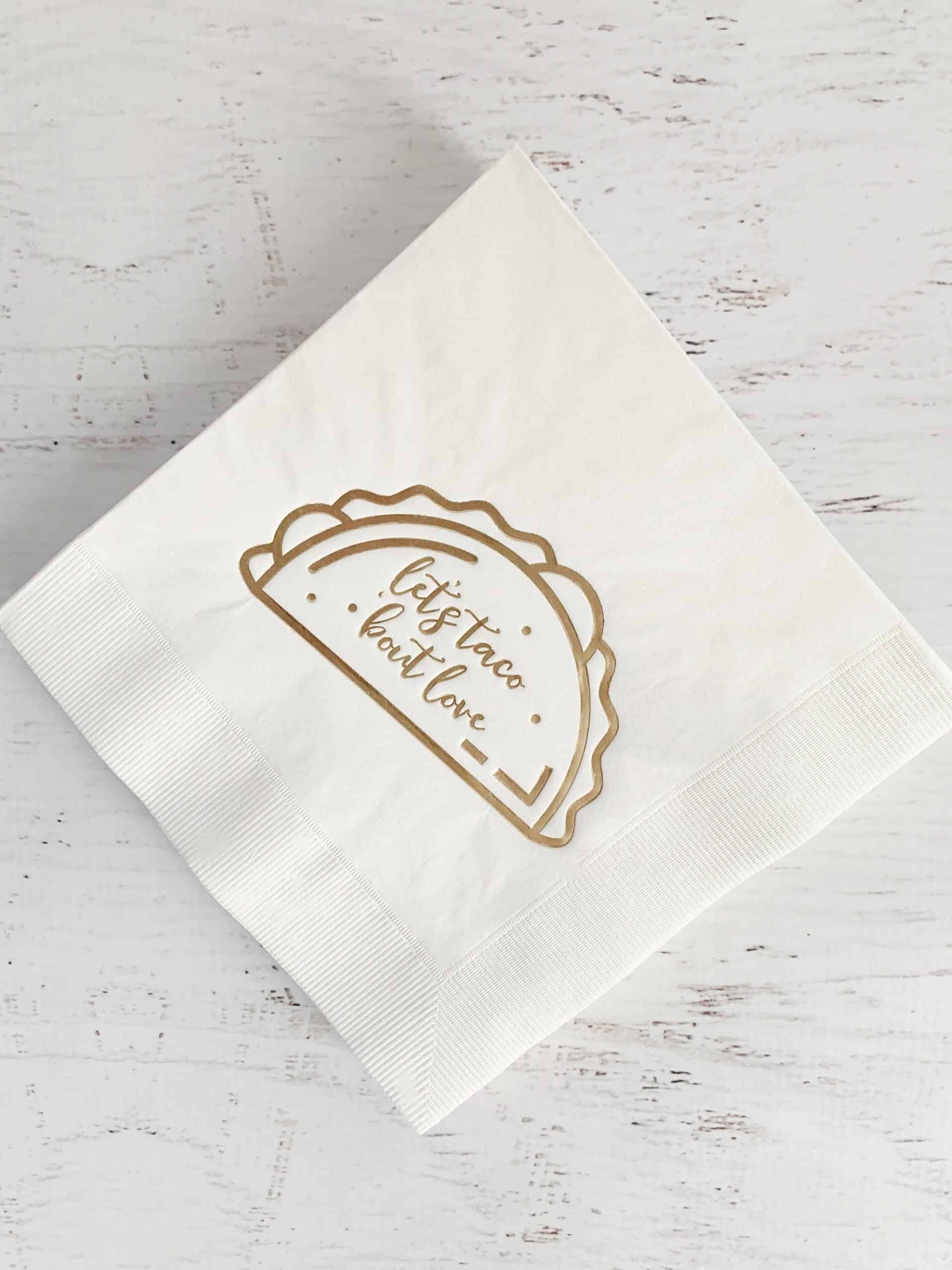 Let's Taco Bout Love gold foiled engagement or wedding taco bar napkins #enfete