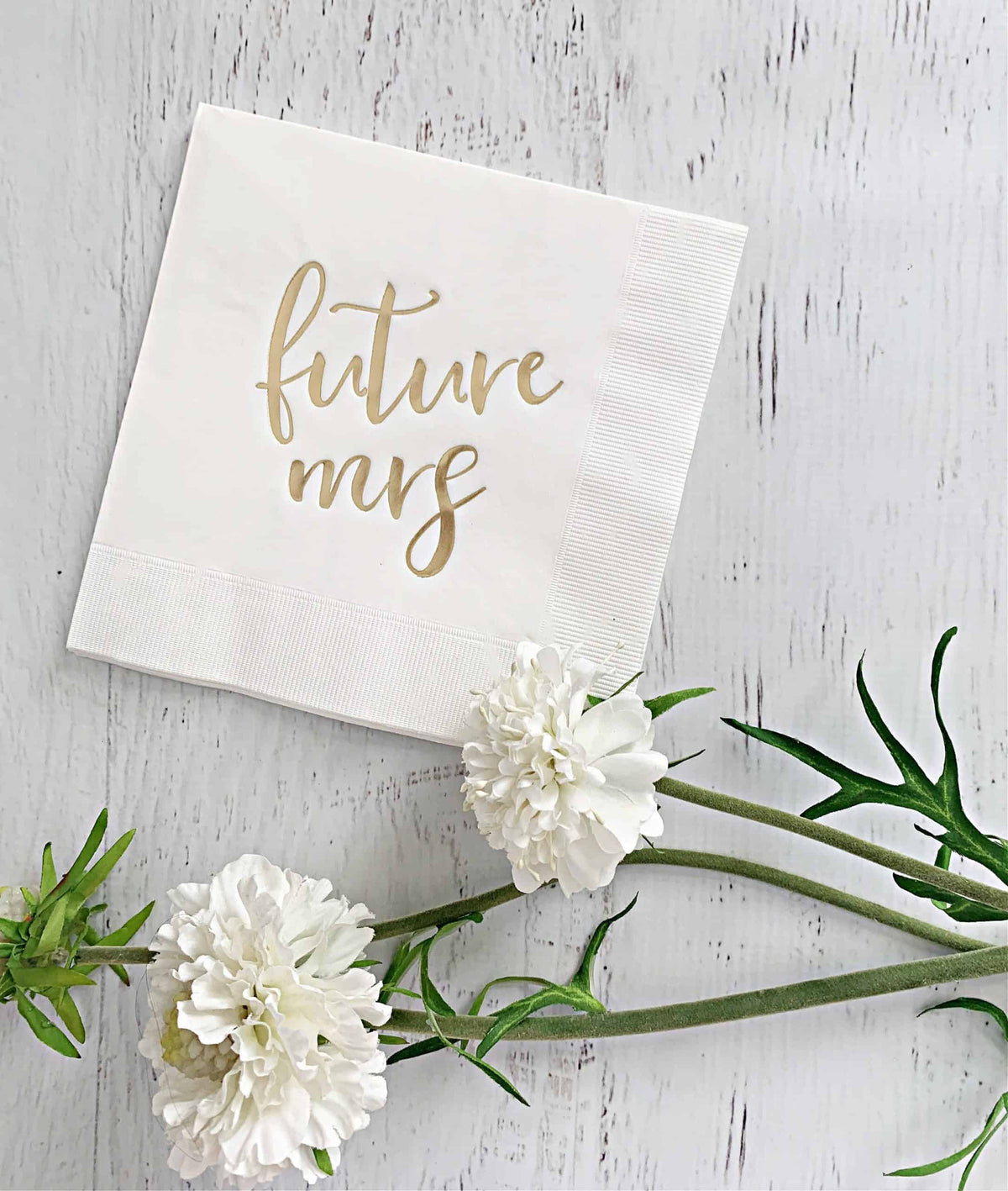 
    Future Mrs. Napkins - White and Gold Foil, the designer-recommended anchor napkin for the Future Mrs Bridal Shower Decorations collection
  