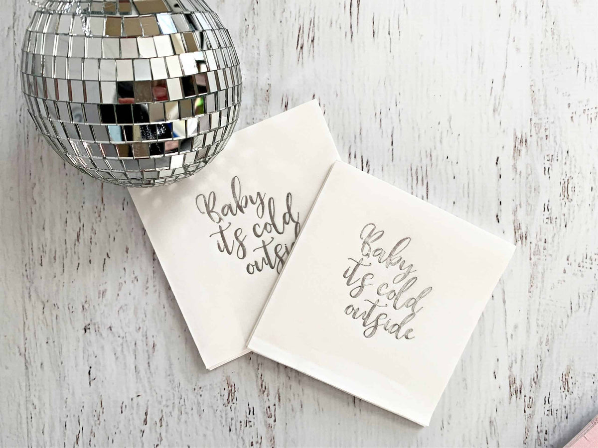 
    Baby It's Cold Outside Silver Foil Cocktail Napkin, the designer-recommended anchor napkin for the Baby It's Cold Outside Baby Shower collection
  