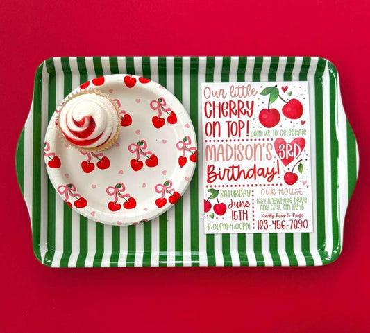 15" Green Stripe Melamine Serving Tray with Handles — Charcuterie & Party Platter