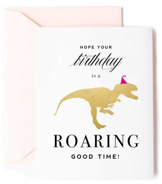 Our gold foil dinosaur birthday card is a fun and stylish way to send your birthday wishes. The card features a whimsical gold dinosaur and the words "Have a Roaring Good Time" in playful gold foil. The card is 4.25" x 5.5" when folded, printed on high-quality white card stock, and comes with a blush A2 envelope. The blank interior is perfect for writing a personalized message to the recipient.