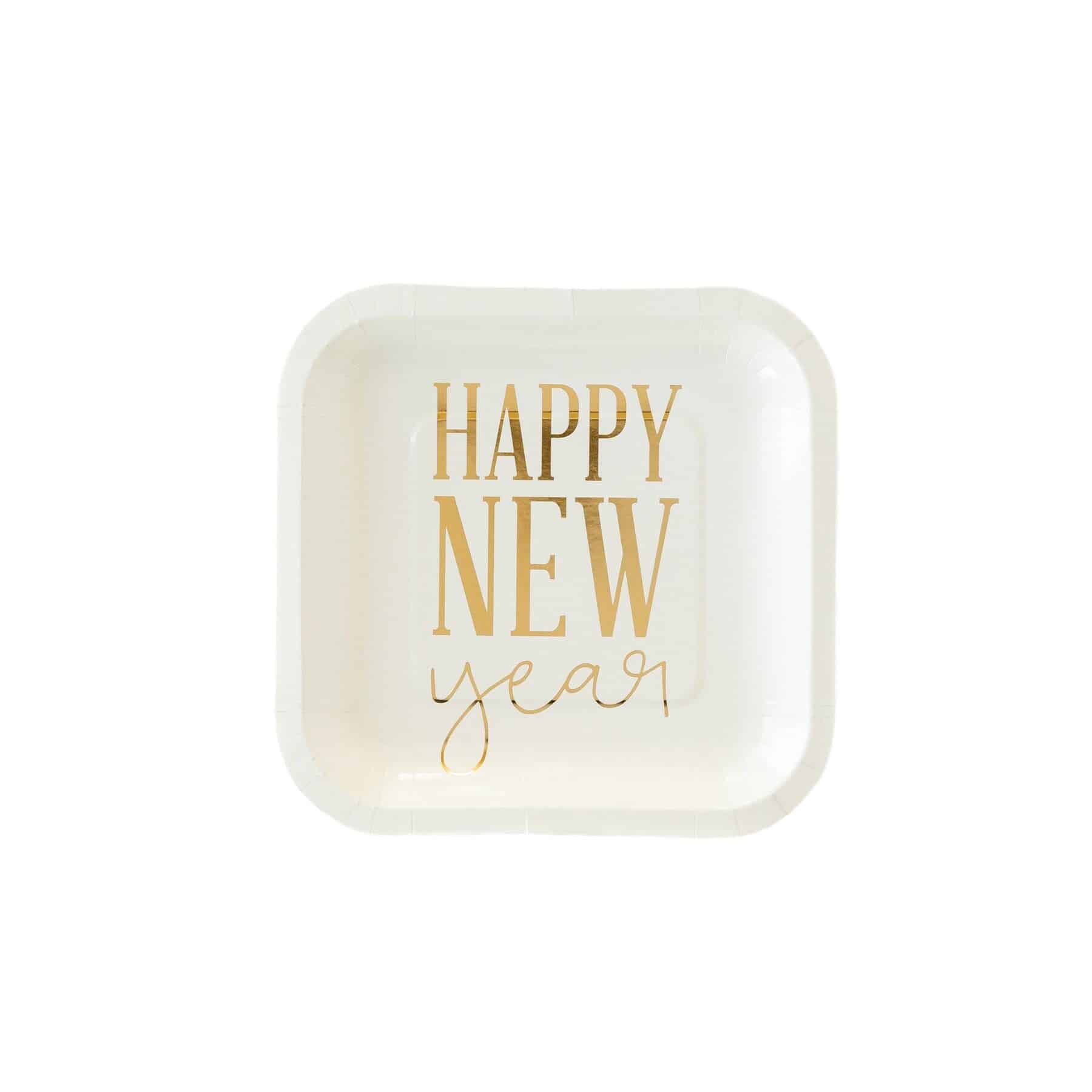 Happy New Year dessert or appetizer plates. Perfect for your NYE bash! Cream colored plates with gold foil letters. Make sure you complete your party look with all our coordinating New Year's Eve decor!