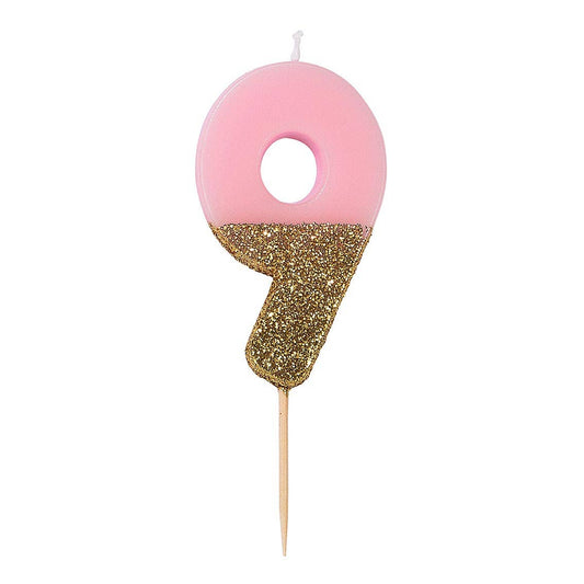Number 9 Birthday Candle - Pink & Gold Glitter - 9th 90th 99th Birthday Cake Topper