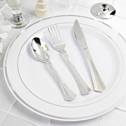 Silver Plastic Utensils - Shiny Metallic Cutlery Set 24 Pieces