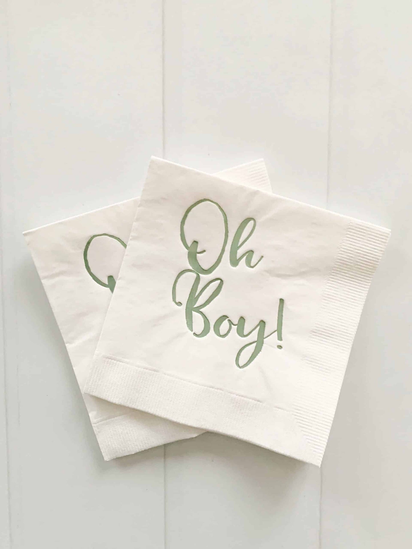 Oh Boy Napkins Sage Green Foil - Baby Shower Cocktail Napkins Set of 16