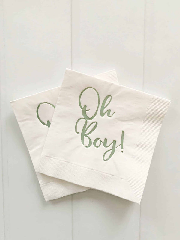 Oh Boy Napkins Sage Green Foil - Baby Shower Cocktail Napkins Set of 16