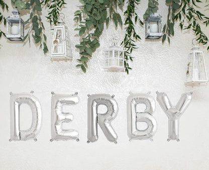 Add some shine and glamour to your party with our Derby Silver Mylar Balloon Garland! This set of five metallic silver letter balloons spelling out "DERBY"