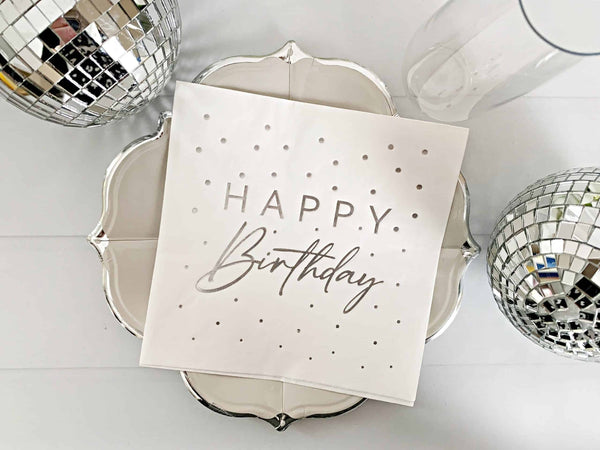 Happy Birthday Luncheon Napkins – Silver Foil Luxury Glam Birthday Napkins