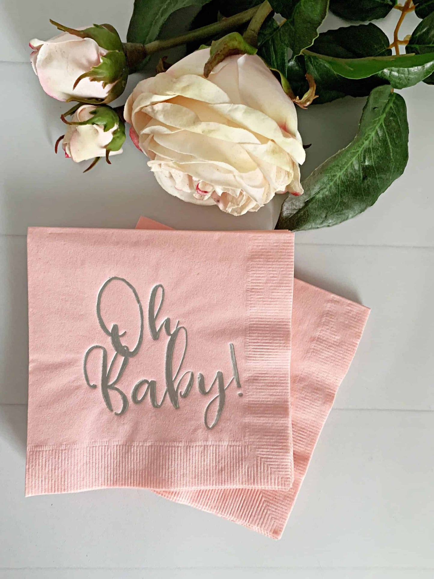 Oh Baby Napkins, Cocktail Silver on Pink