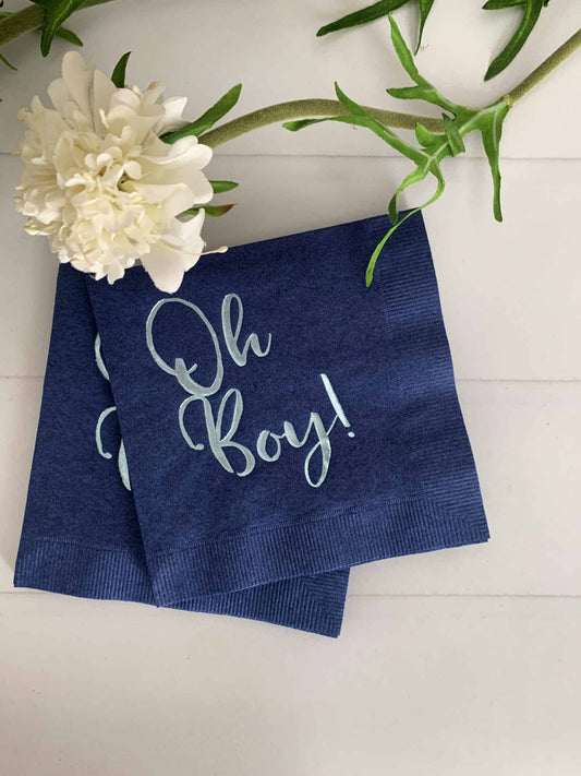 Oh Boy Baby Shower Cocktail Napkins - Navy with Ice Blue