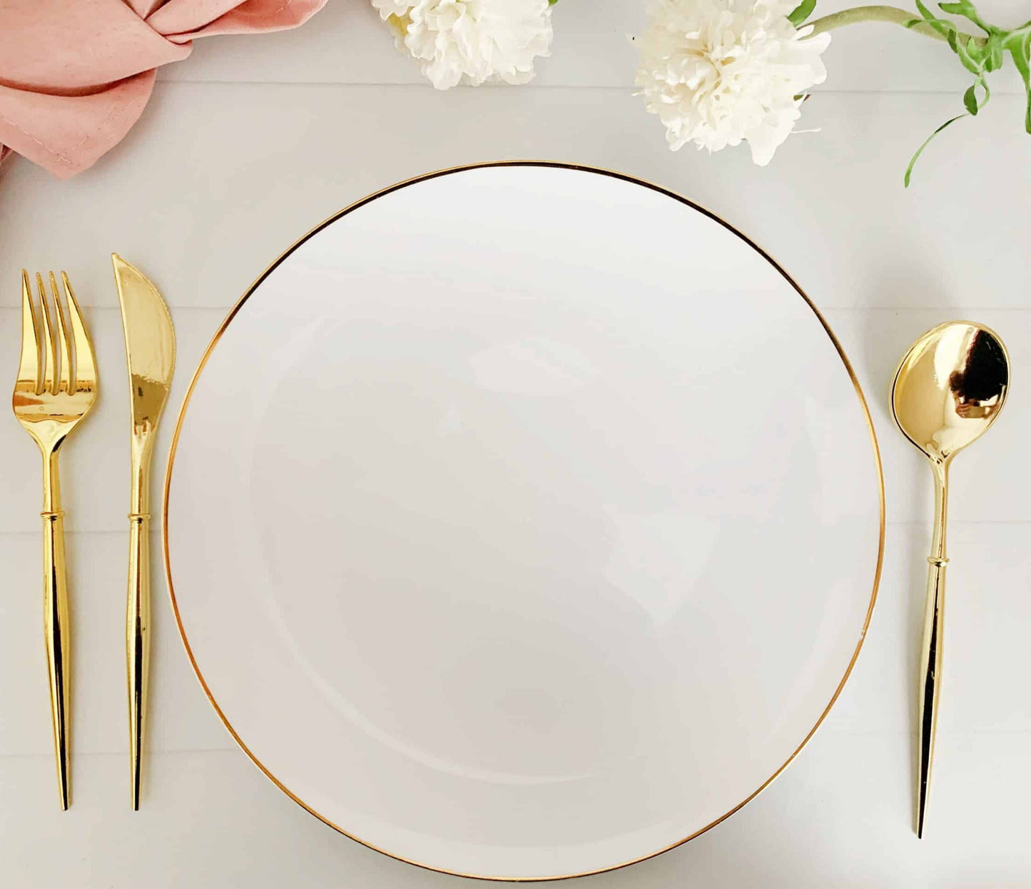gant tablescape. Ideal for weddings, bridal showers, baby showers, and other special events, these plates will elevate any dining experience with their stylish design. Made with high-quality plastic, they are sturdy and durable enough to hold all types of dishes and desserts, and their gold edging adds a touch of luxury to the overall look. They are also disposable for easy clean-up, making them a convenient option for large events.