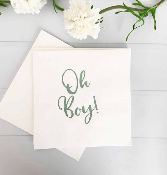 Oh Boy is Sage on White Luncheon Sized Baby Shower Napkins