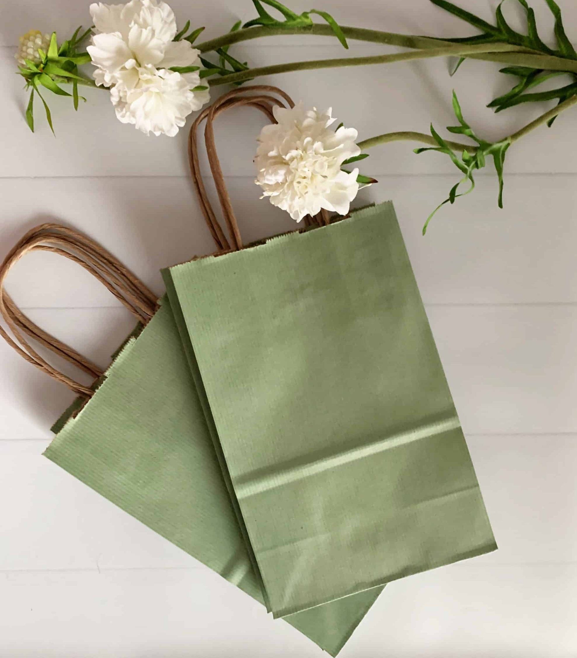 Make your party favors and gifts extra special with our soft Sage Green Favor and Gift Bags. Perfect for a safari baby shower, Little Cutie, or other greenery-themed party, these favor bags are a charming and stylish addition to your celebration. Each set includes 10 sage green bags, each measuring 5.5 x 3.25 x 8.375". The high-quality materials used in the bags ensure durability and sturdiness, making them perfect for wrapping a variety of favors and gifts. To add an extra touch of elegance and personaliza