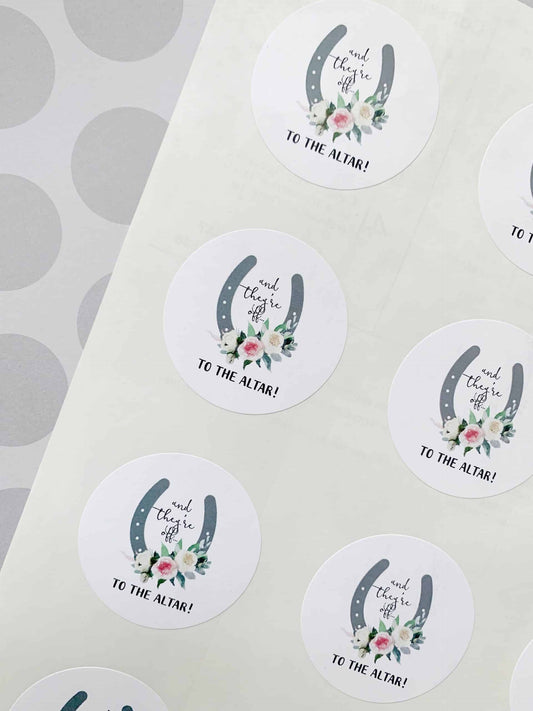 And They're Off to the Altar Derby Stickers - Pink & Ivory