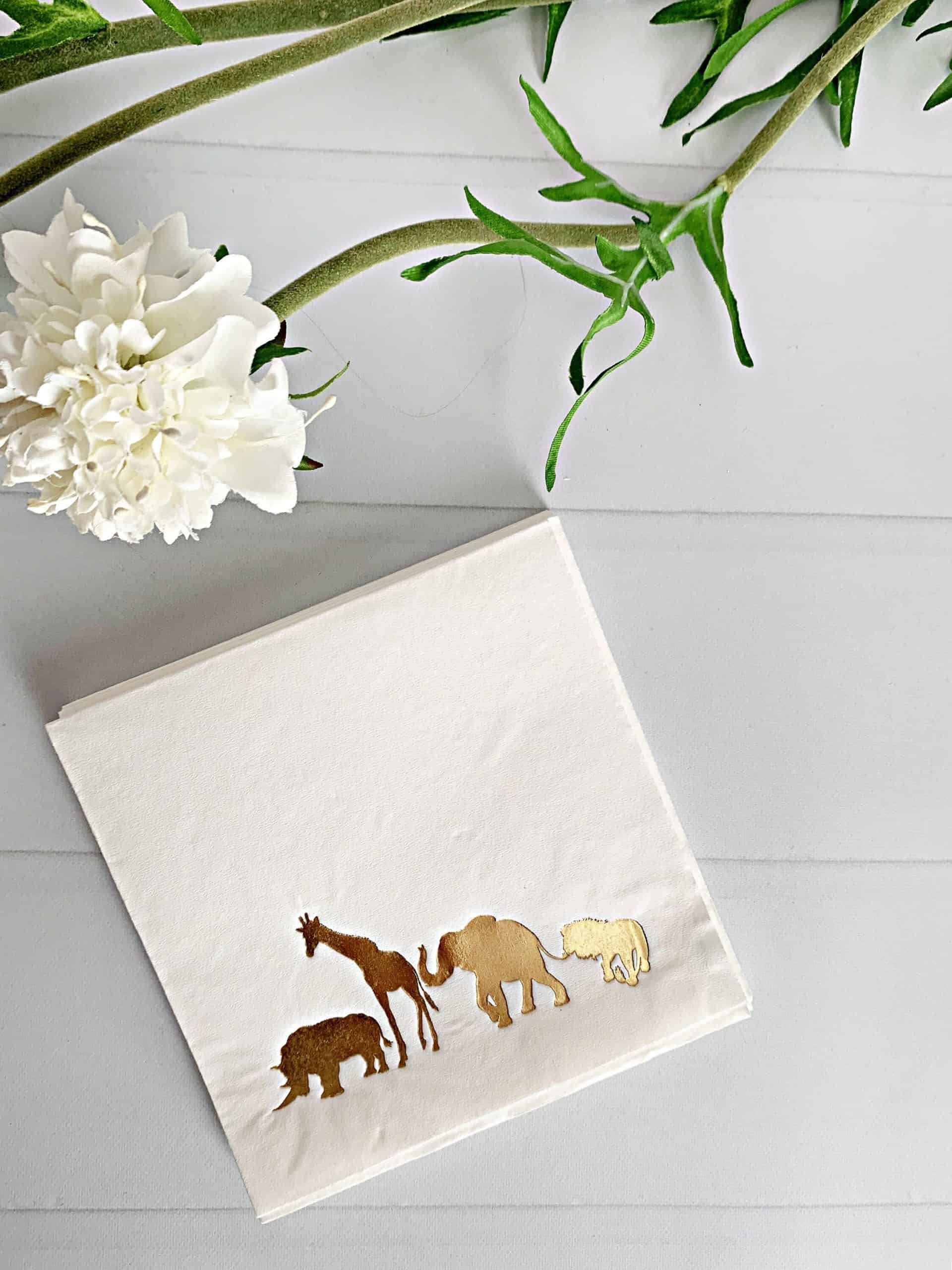 Safari Cocktail Napkins in white with gold jungle animals