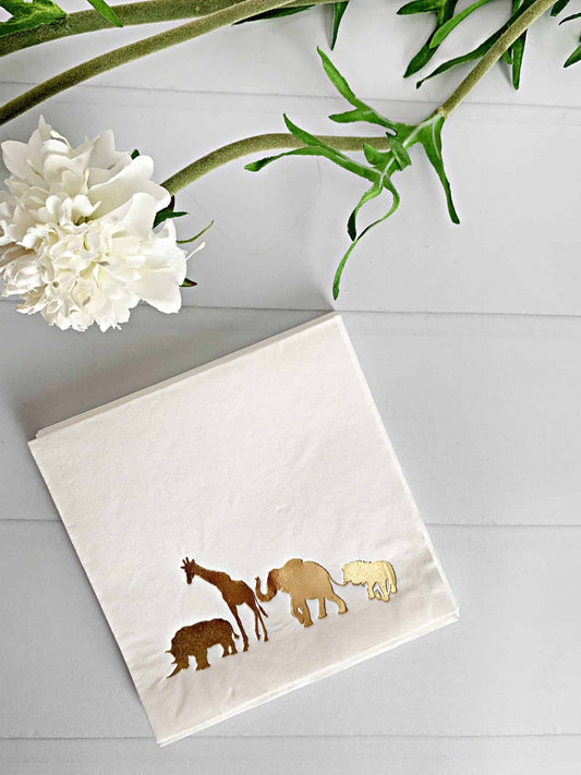 Safari Cocktail Napkins in white with gold jungle animals