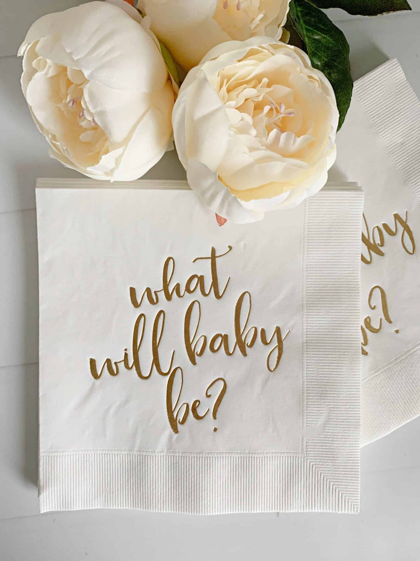 What will baby be? Gender Reveal Napkin white with gold foil