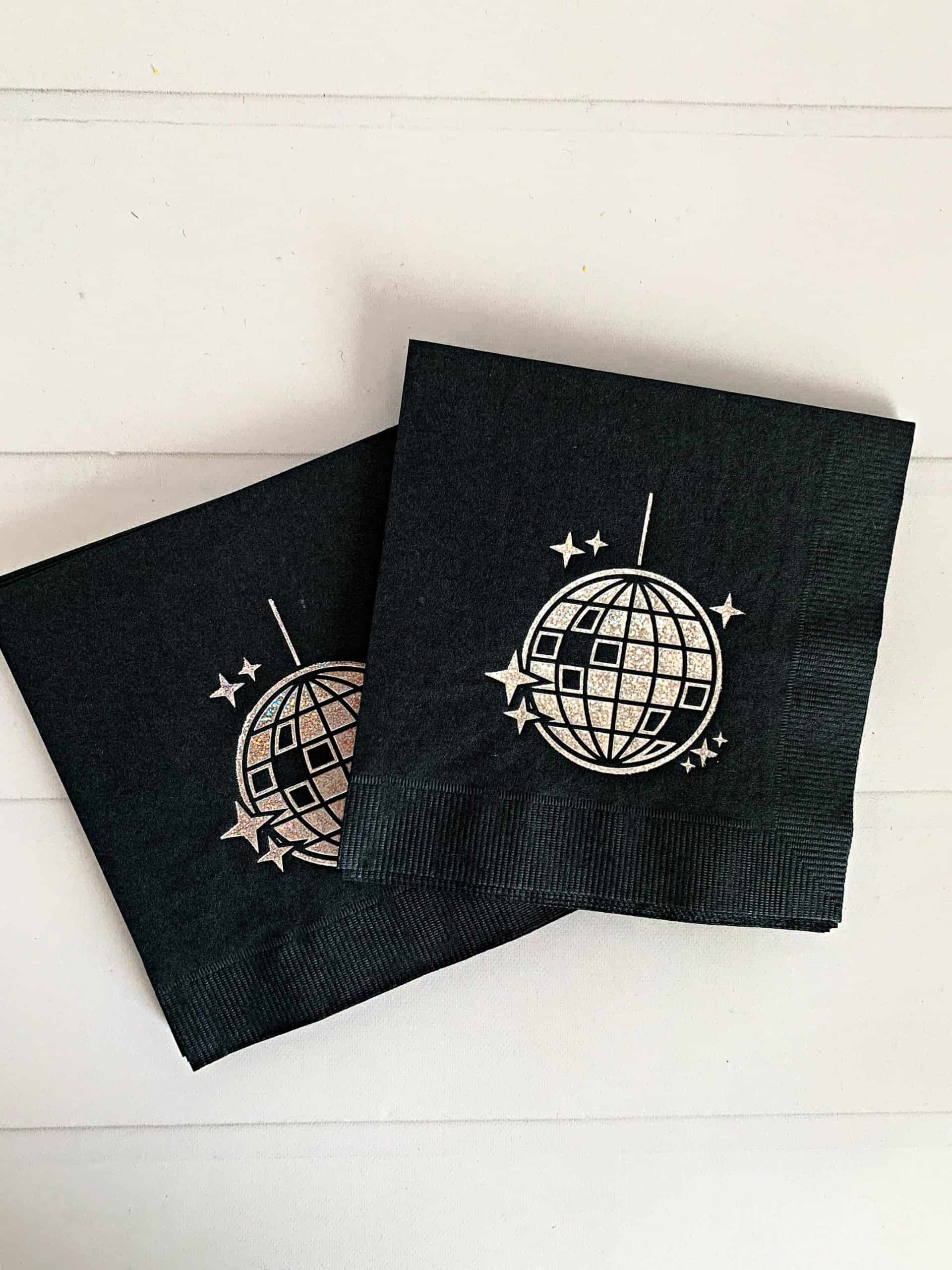 Disco Ball Cocktail napkins in black with silver foil details