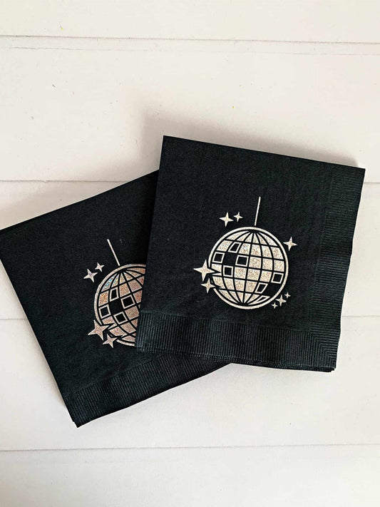 Disco Ball Cocktail napkins in black with silver foil details