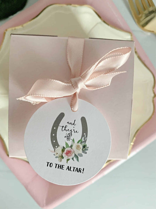 And They're Off to the Altar Derby Bridal Shower Favor Tags - Pink Ivory Roses Horseshoe Wedding