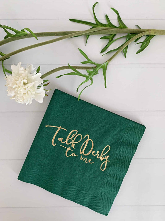 Talk Derby to Me Napkins in Forest green for a Derby Bridal Shower or Kentucky Derby Party Elevate your Kentucky Derby party with EnFete's original and elegant Kentucky Derby napkins. Add sophistication to your celebration. #KentuckyDerby #ElegantNapkins #EnFete. Add a touch of elegance to your Kentucky Derby themed party with these beautiful forest green luncheon napkins.