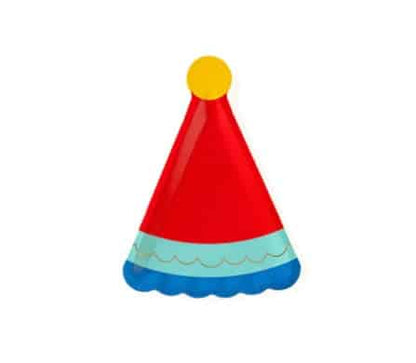 Party Hat Shaped Plates - Red & Blue Birthday Cake Plates with Gold Foil